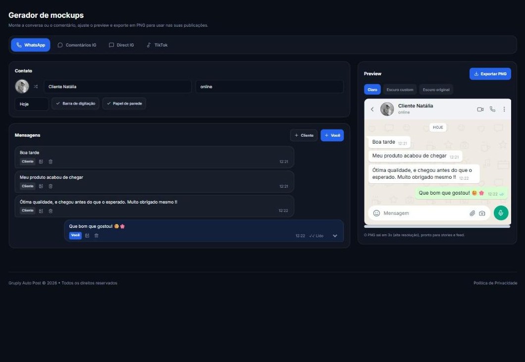 Gerador de mockups da Gruply com WhatsApp, Instagram e TikTok