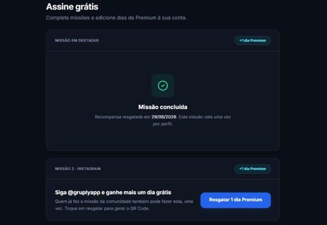 Missões de recompensa da Gruply com dias de Premium grátis