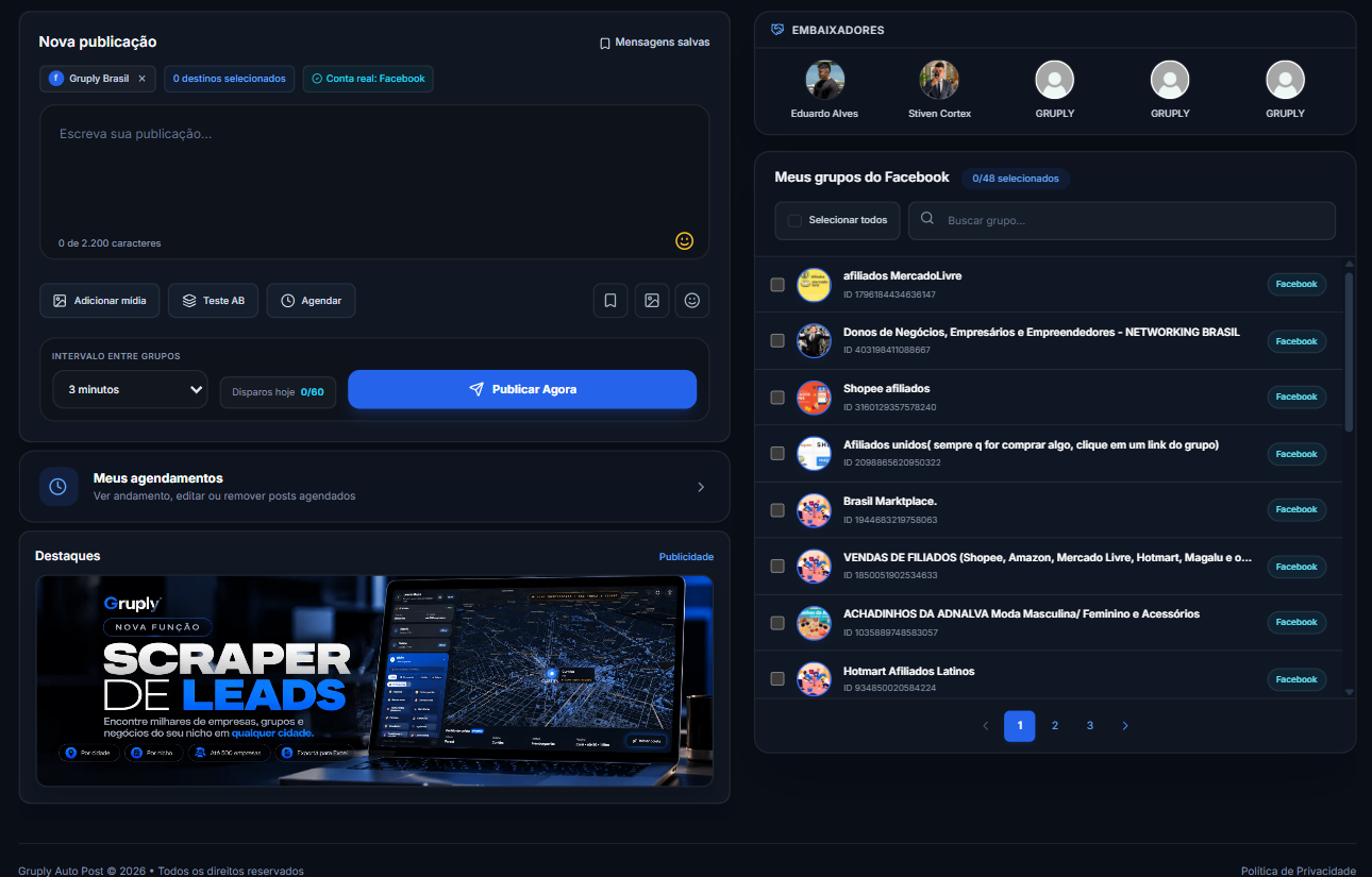 Painel da Gruply para publicar em vários grupos do Facebook de uma vez